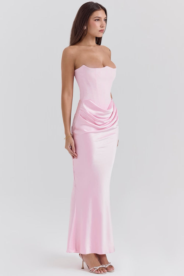 Strapless women's homecoming dress with elegant draping.