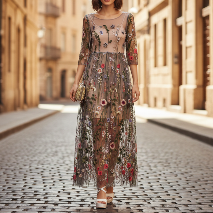 Women's elegant embroidered mesh maxi dress for formal occasions, perfect for spring/summer evening wear.