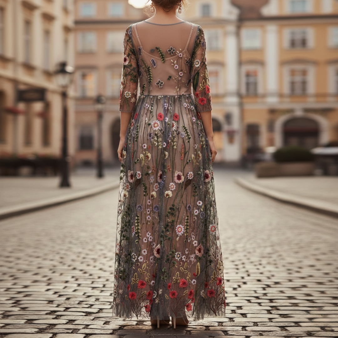 Sophisticated women's floral embroidered mesh maxi dress, ideal for elegant occasions and evening events.