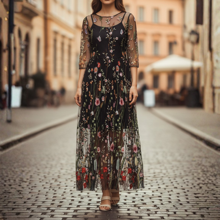 Elegant women's embroidered mesh maxi dress, perfect occasion wear for formal spring & summer evenings.