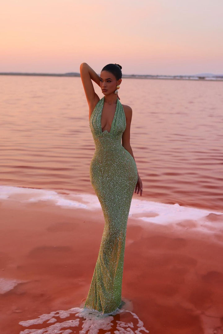 Versatile emerald green maxi dress for women, an elegant long sleeve evening gown perfect for special occasions.