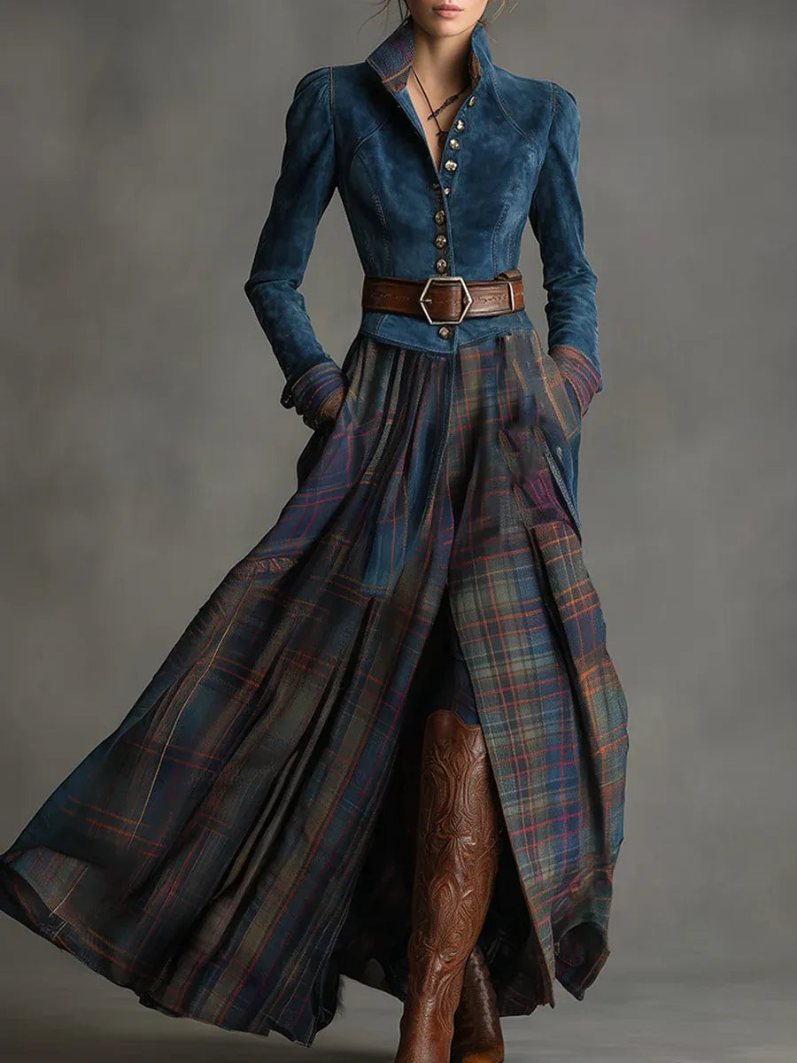 Women's elegant fitted maxi dress with long sleeves & chic plaid skirt. Perfect for fall/winter fashion.