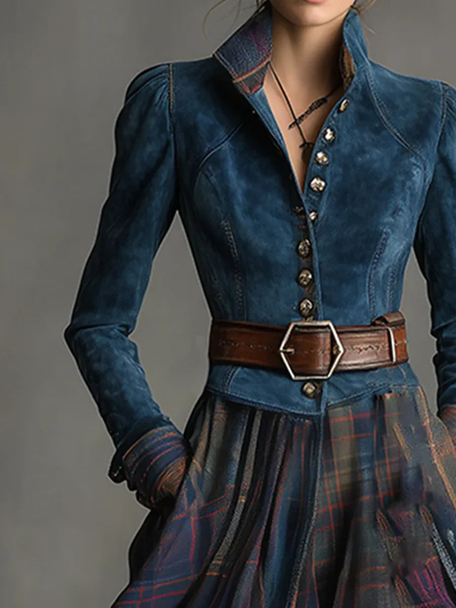 Versatile women's fitted maxi dress featuring a stand collar & button front, stylish plaid skirt.