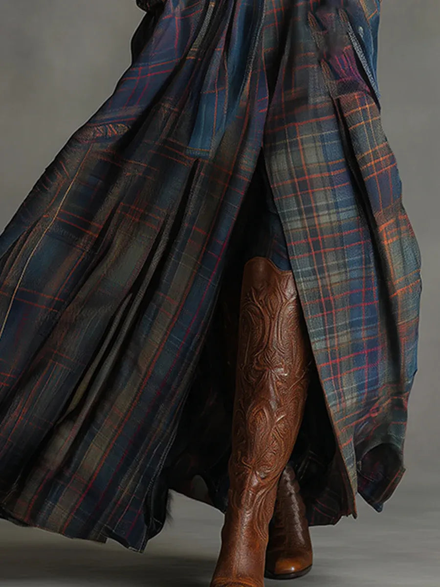 Long sleeve women's maxi dress with a sophisticated plaid skirt and fitted silhouette, ideal for elegant wear.