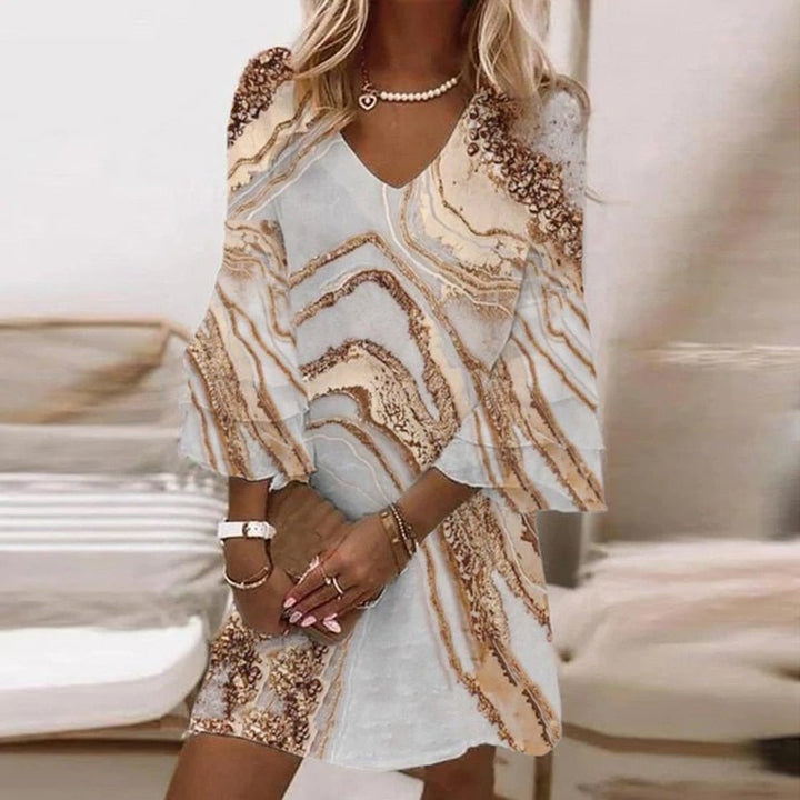 Women's elegant flare sleeve mini dress with unique marble swirl print, V-neck, and relaxed fit. Perfect for summer parties.