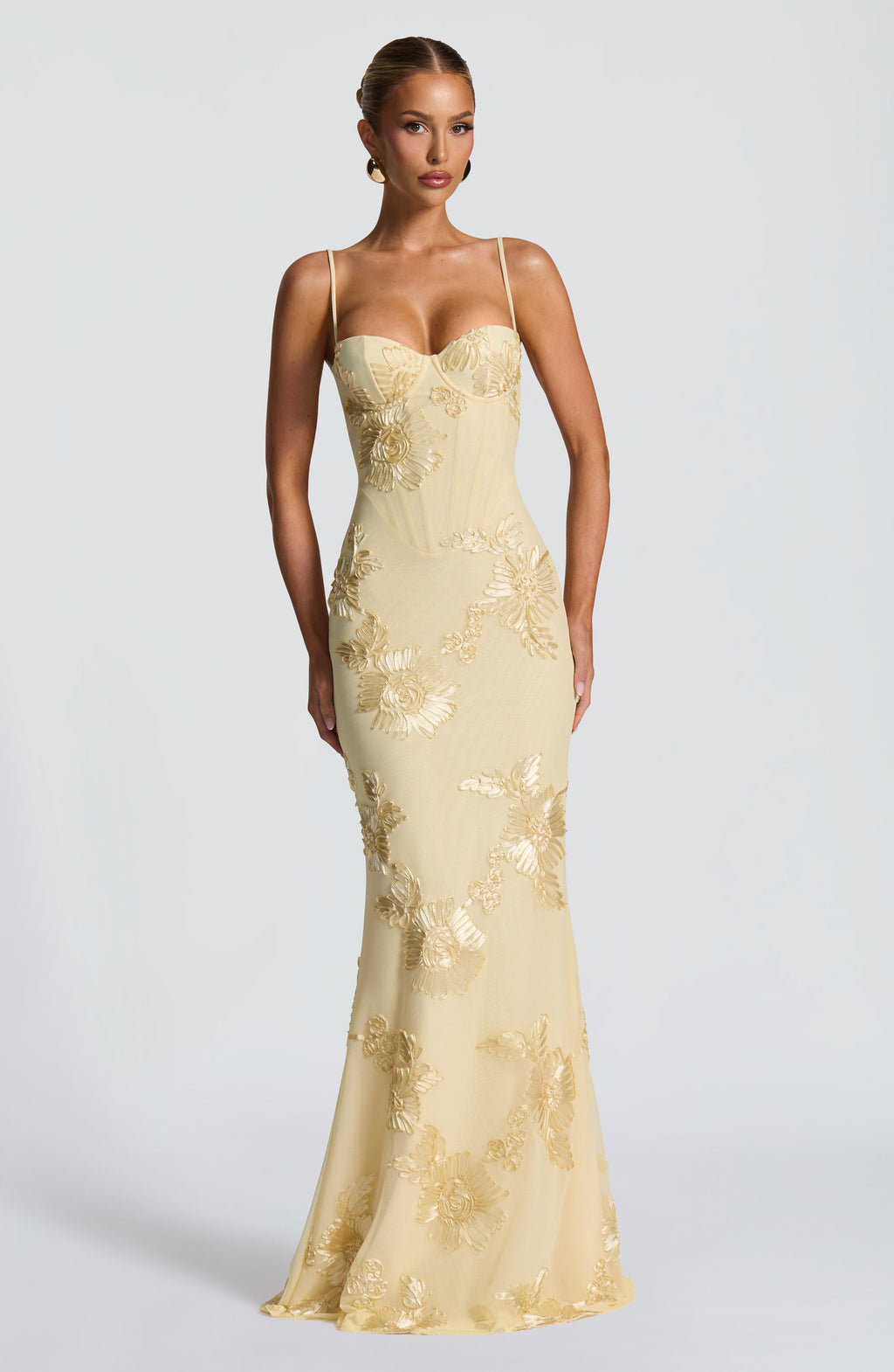 Women's elegant floral appliqué corset mermaid maxi dress, perfect for formal evenings & galas.