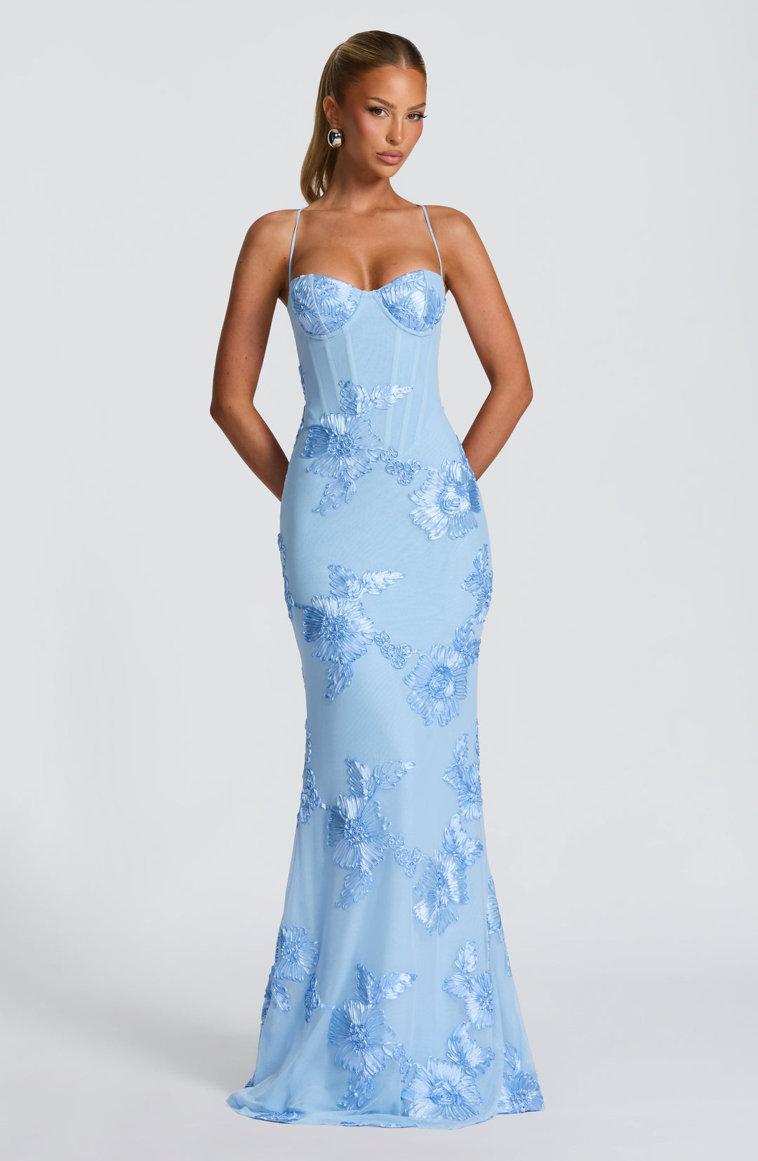 Women's elegant formal dress, featuring a mermaid cut, floral appliqué, and a classic corset.