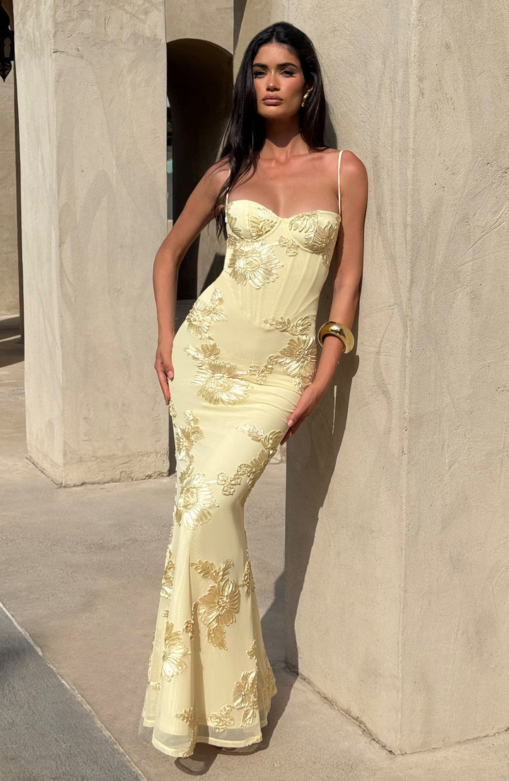 Special occasion formal wear: women's floral appliqué corset mermaid maxi dress with spaghetti straps.