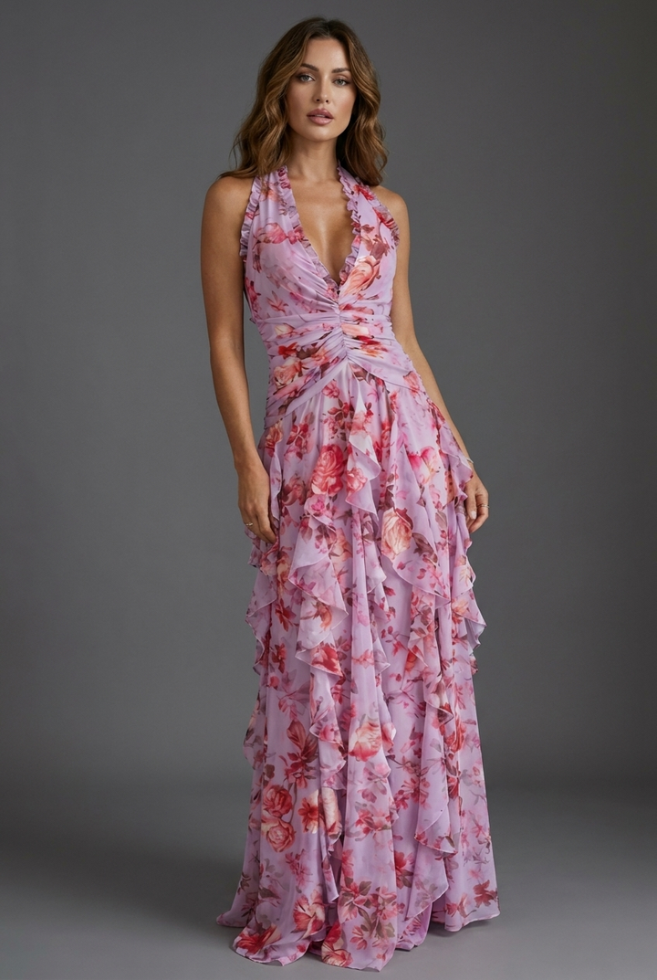 Women's elegant floral halter maxi dress, perfect for wedding guests & summer parties. Flowy & stylish.