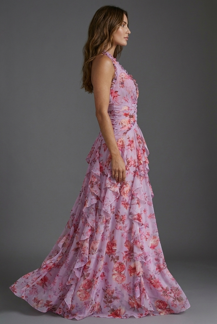 Halterneck floral maxi dress with ruffle skirt, ideal for women attending weddings or summer occasions.
