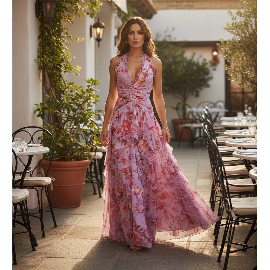 Sleeveless floral maxi dress for women, with a halter neckline and delicate ruffles, perfect for elegant events.