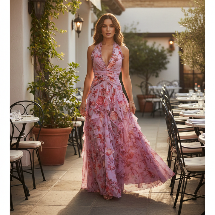 Sleeveless floral maxi dress for women, with a halter neckline and delicate ruffles, perfect for elegant events.