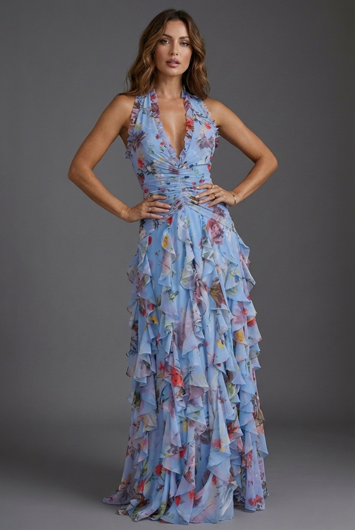 Women's sophisticated floral print halter maxi dress, a beautiful choice for wedding guests & formal summer events.