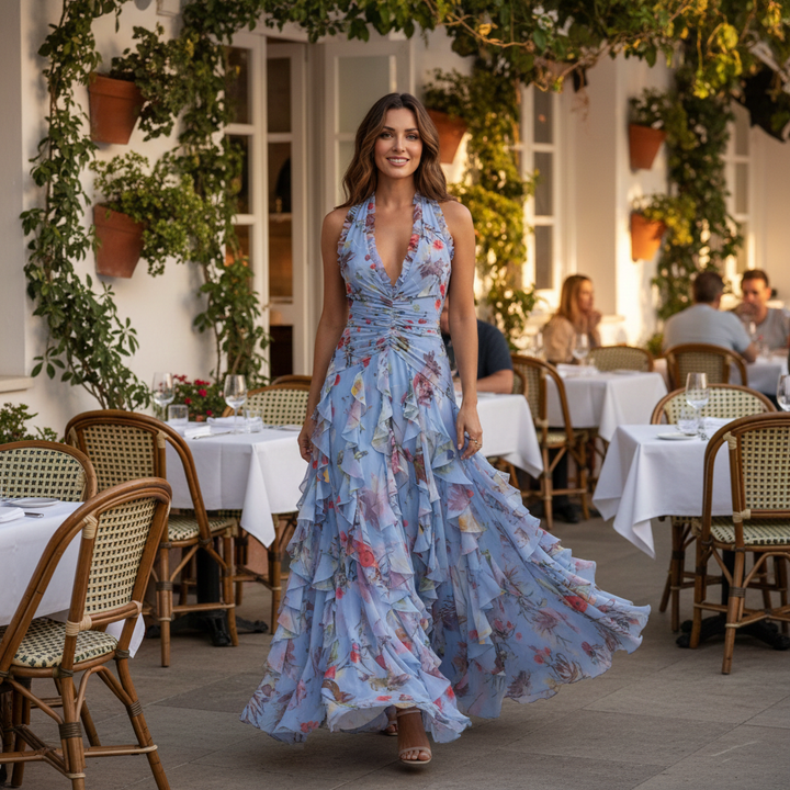 Elegant women's floral halter maxi dress, perfect as a wedding guest, party, or summer occasion dress.