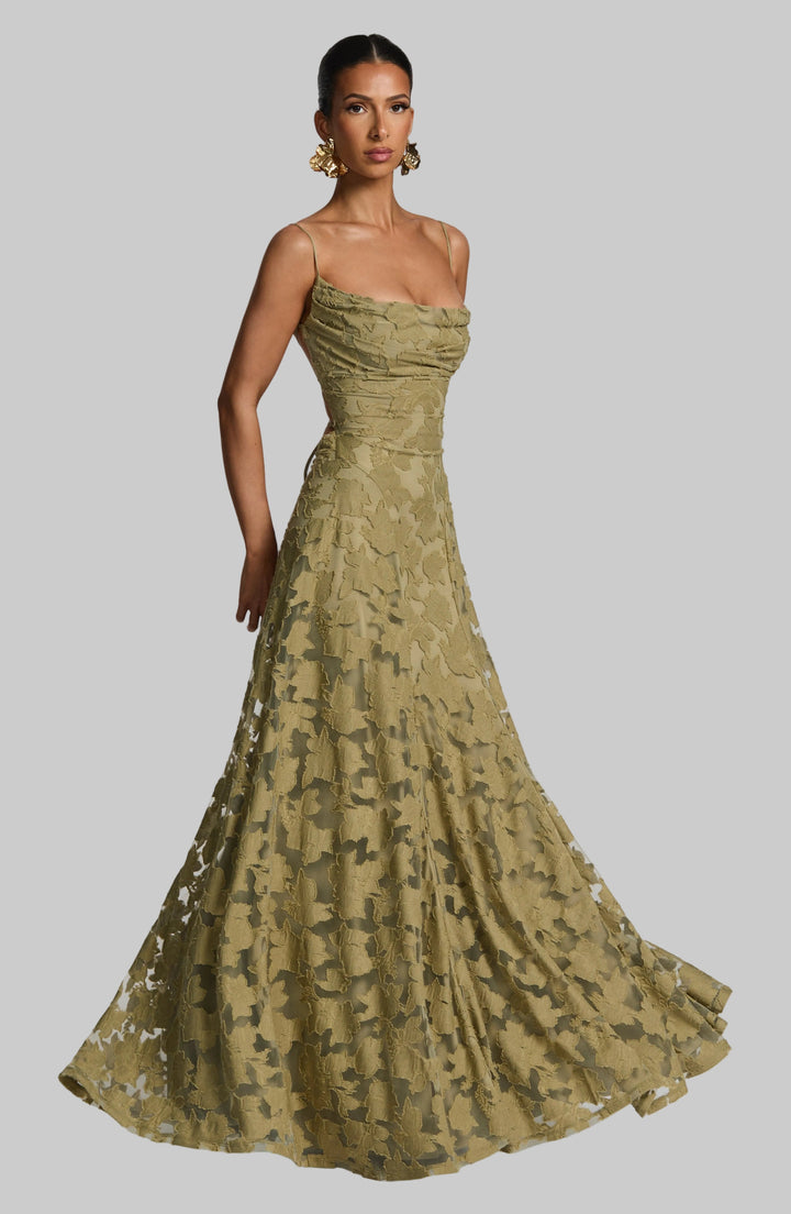 Women's elegant floral maxi dress with flowing waterfall neckline, perfect for summer occasions.