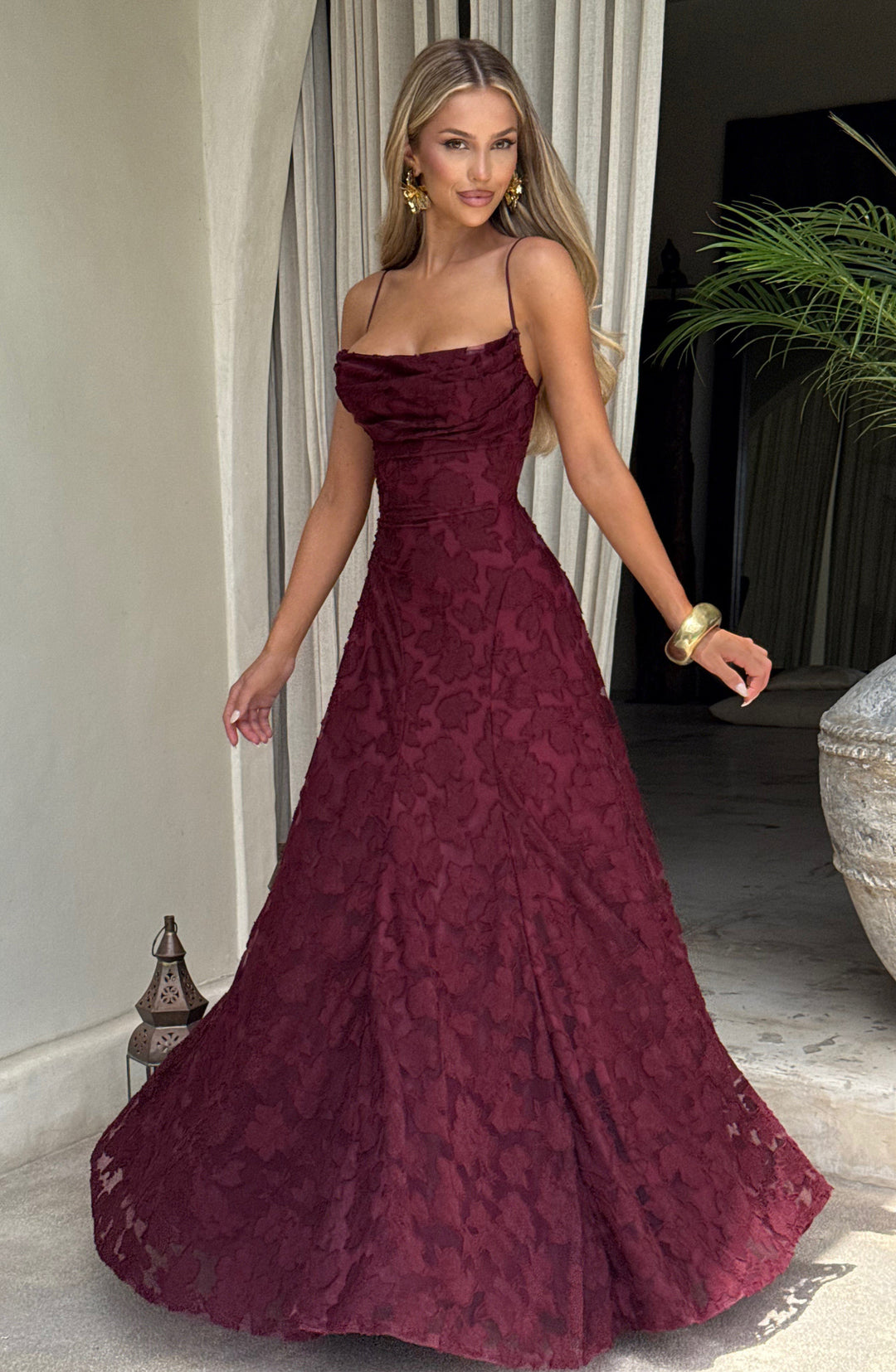 Spring floral women's maxi dress, with a flattering A-line cut, waterfall neckline, and stylish lace-up back.