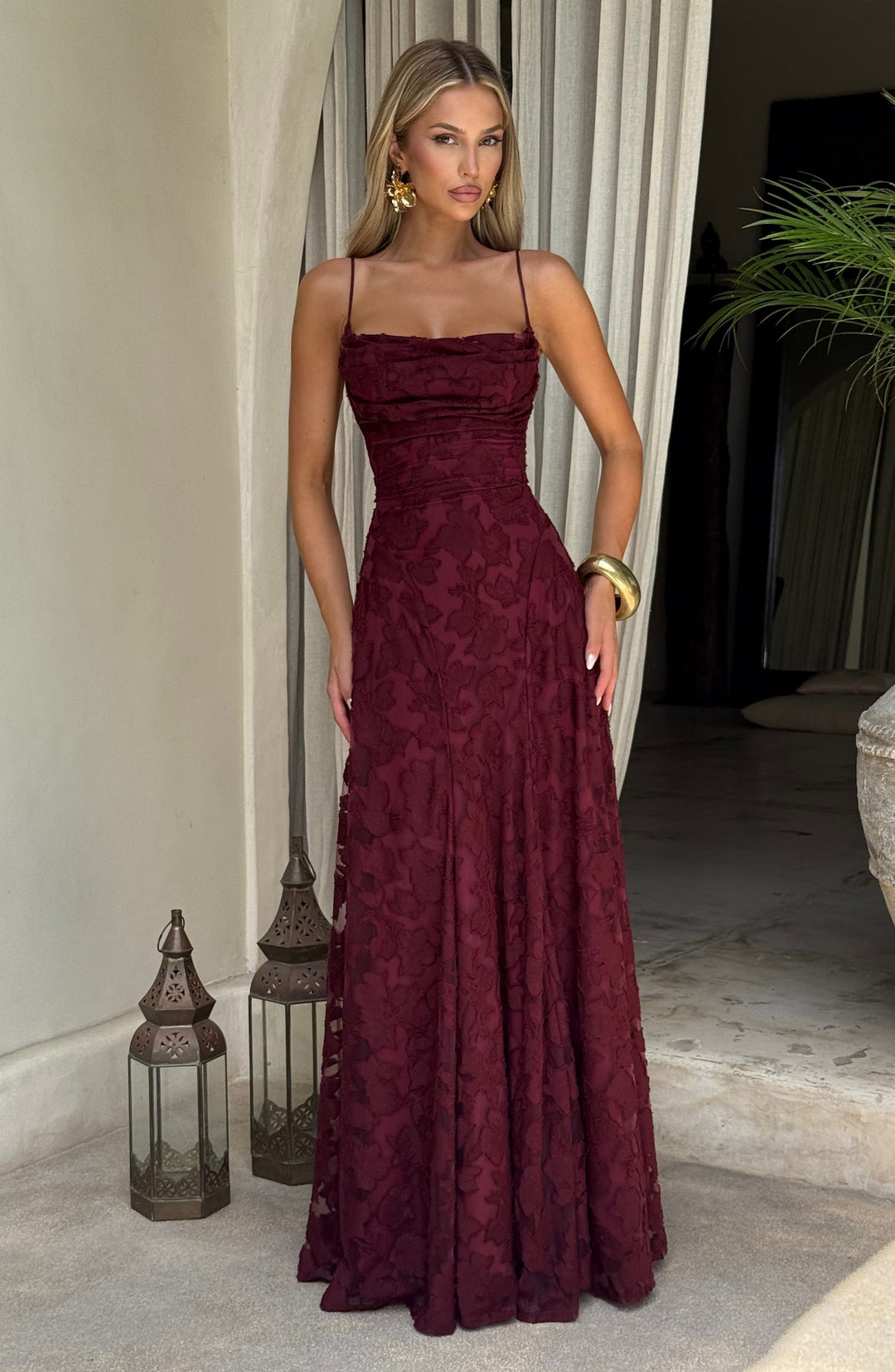 Vacation-ready women's floral long dress, perfect for warm weather, with waterfall neckline and lace-up back.