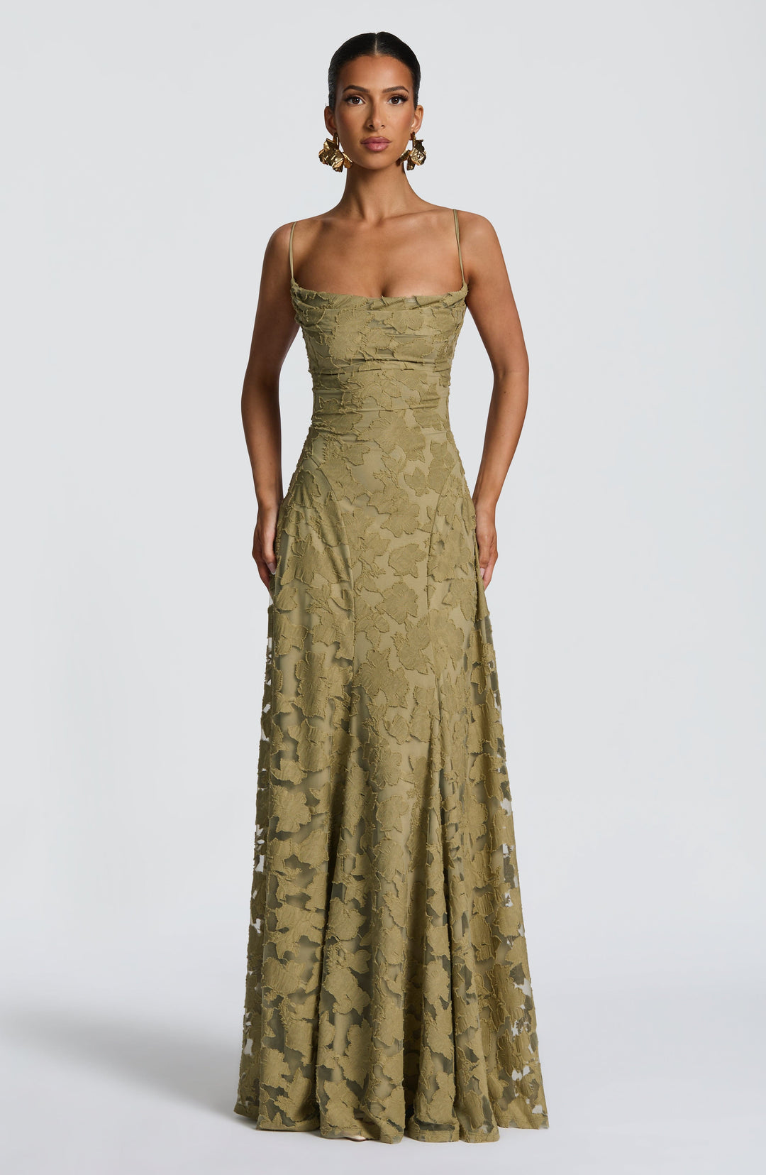 Long floral summer dress for women, featuring a beautiful waterfall neckline and adjustable lace-up back.