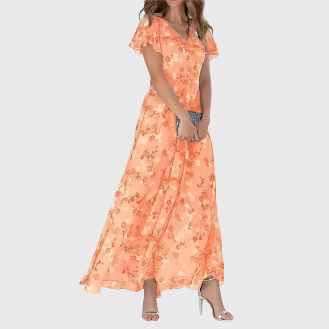 Women's elegant floral maxi dress with V-neck & flutter sleeves, perfect for spring/summer events.