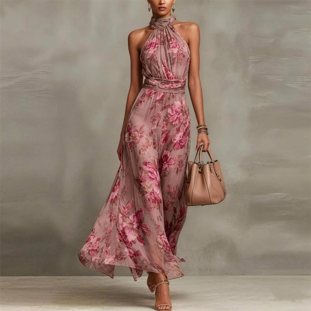 Women's elegant floral maxi halter dress, perfect for wedding guests, formal parties, or evening events.