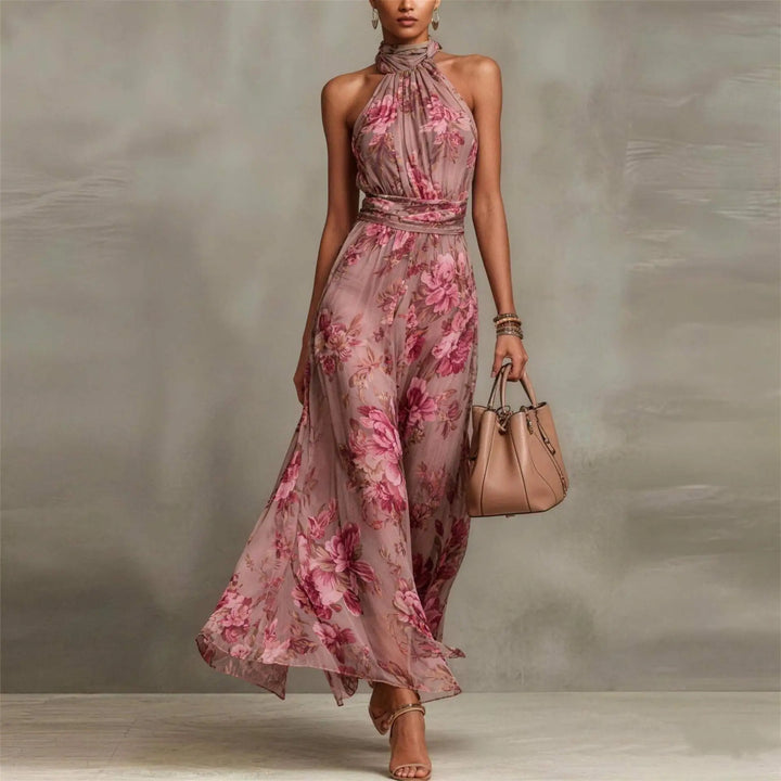 Women's elegant floral maxi halter dress, perfect for wedding guests, formal parties, or evening events.