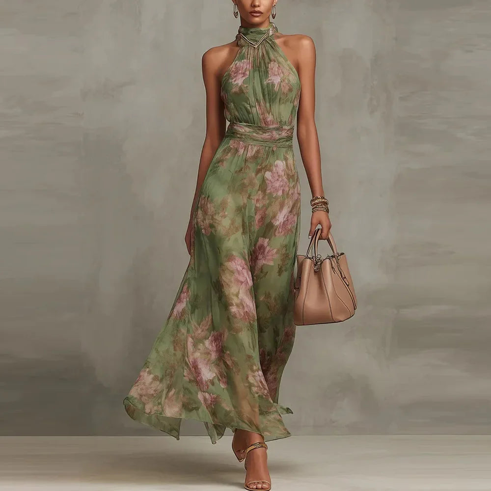 Sleeveless floral print maxi halter dress for women, ideal as a chic wedding guest outfit or party dress.