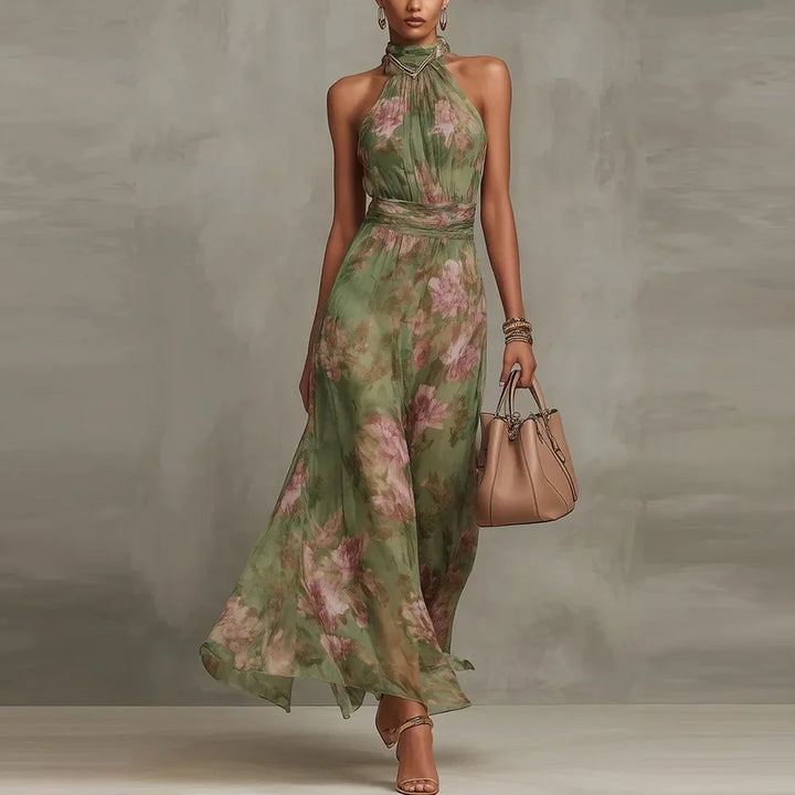 Sleeveless floral print maxi halter dress for women, ideal as a chic wedding guest outfit or party dress.