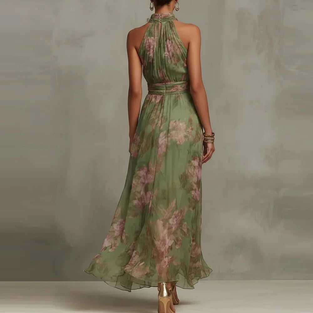 Ruched women's floral maxi dress with a sophisticated halter neckline, suitable for weddings, parties, and vacations.