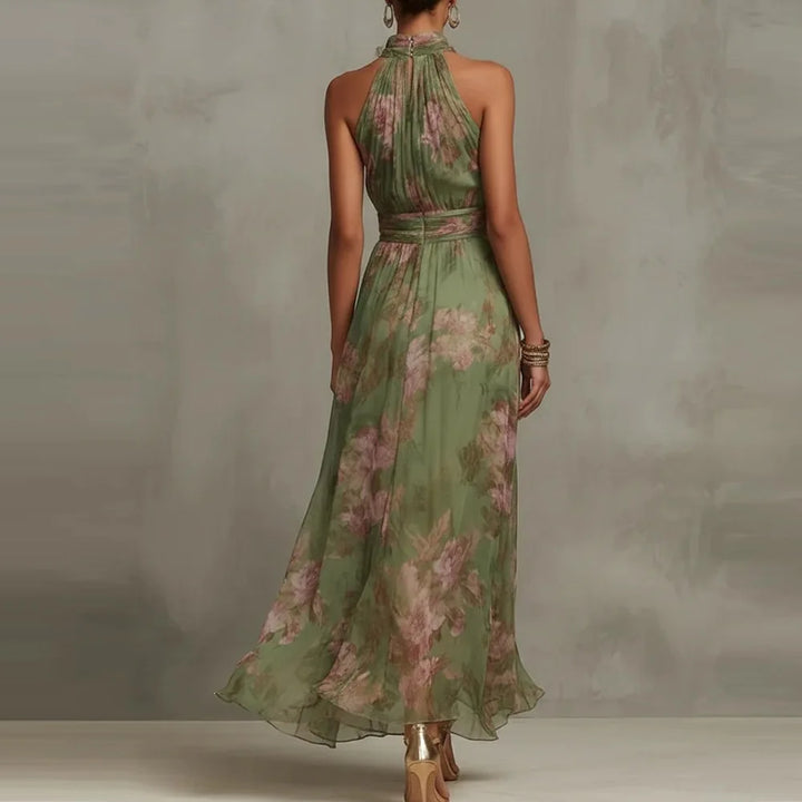 Ruched women's floral maxi dress with a sophisticated halter neckline, suitable for weddings, parties, and vacations.