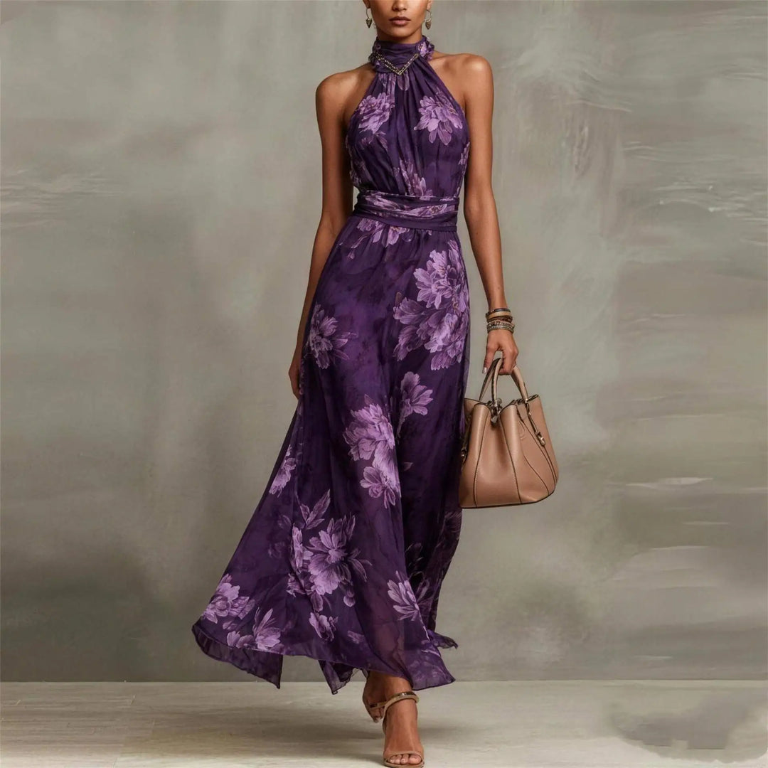 Women's long floral halter dress, sleeveless and ruched, designed for weddings, guests, parties, and elegant events.