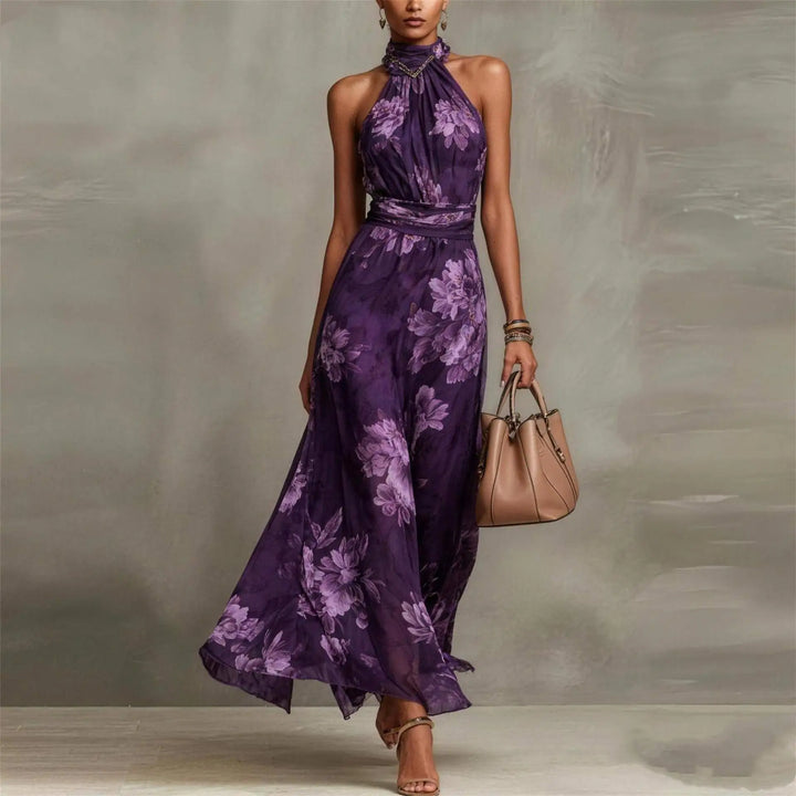 Women's long floral halter dress, sleeveless and ruched, designed for weddings, guests, parties, and elegant events.
