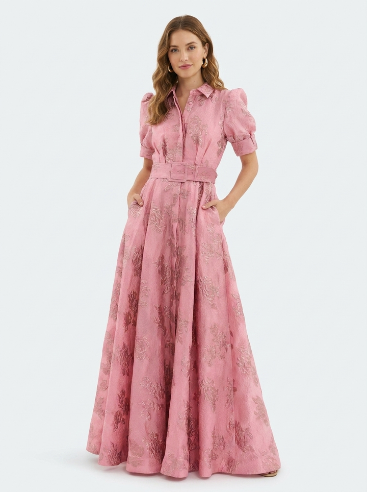 Women's elegant floral maxi wedding guest dress with collar, puff sleeves, and belt. Perfect for special occasions.