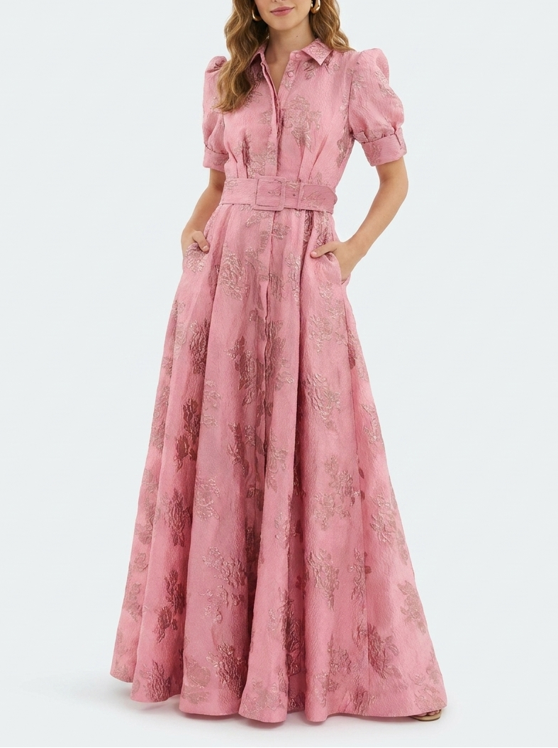 Formal floral maxi dress for wedding guests, featuring a chic collar, puff sleeves, and an elegant print.