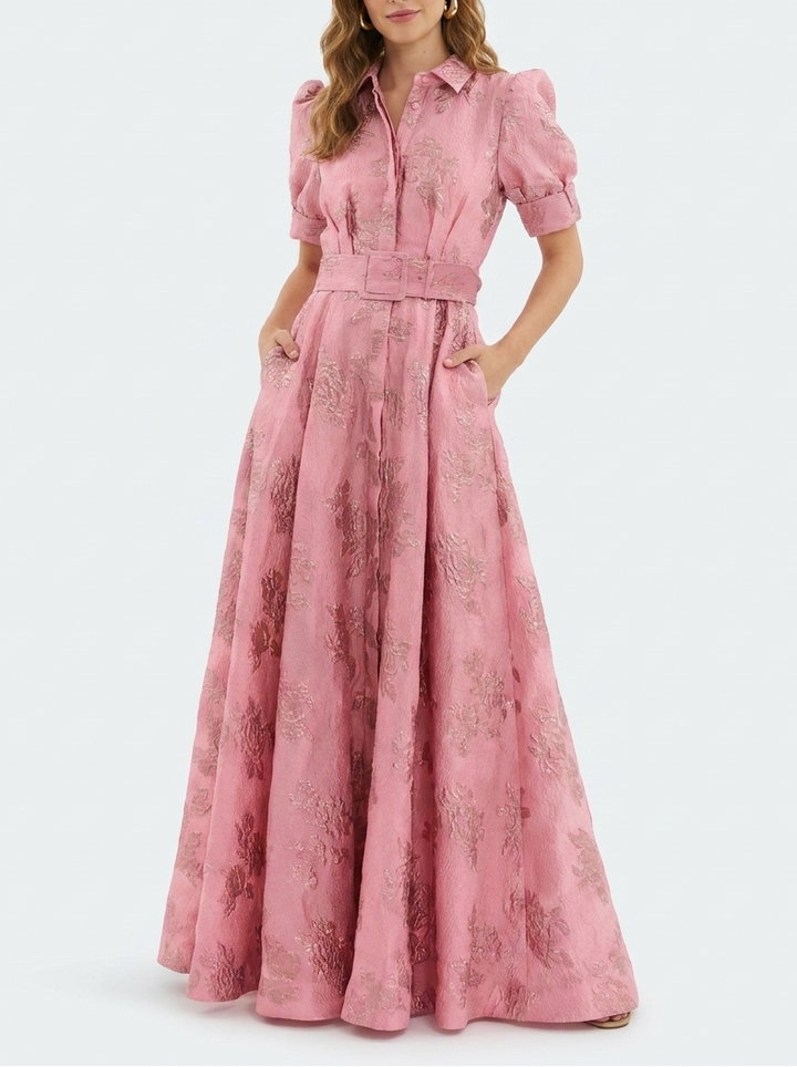Formal floral maxi dress for wedding guests, featuring a chic collar, puff sleeves, and an elegant print.