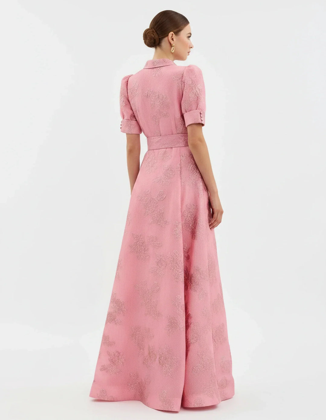 Stylish women's collared floral maxi dress with puff sleeves & belt. Ideal for weddings & formal events.