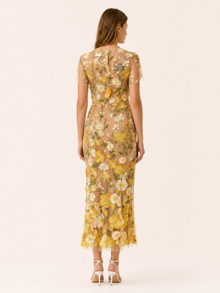 Elegant women's floral midi dress for wedding guests, formal events, or special occasions. Short sleeve design.