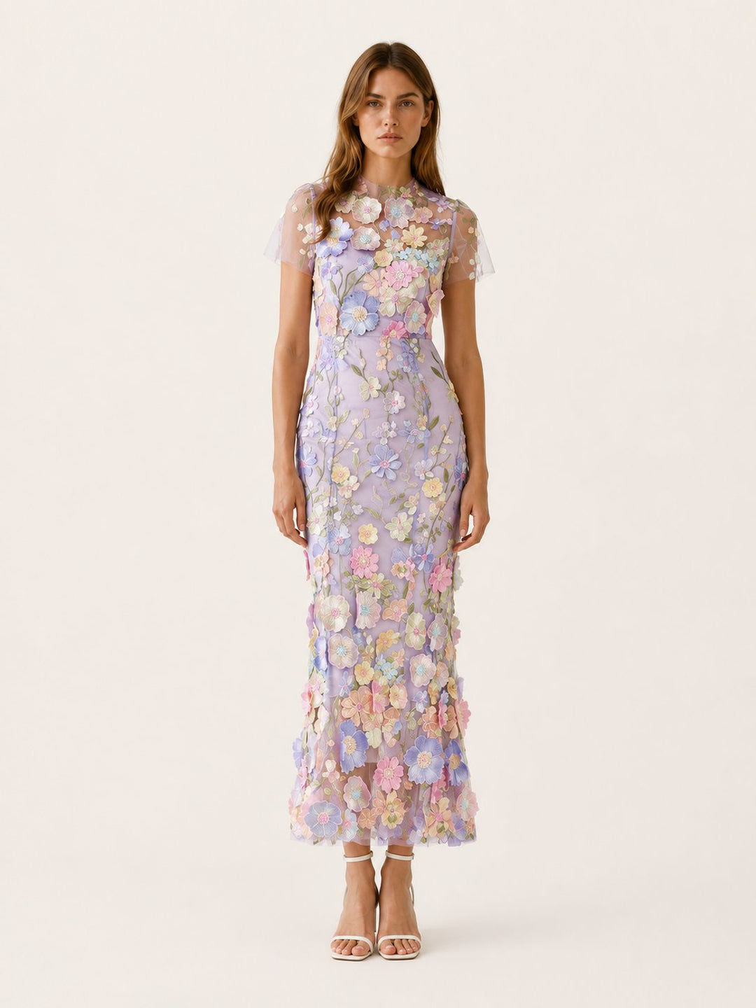 Women's floral occasion dress, midi length, short sleeves. Elegant style suitable for formal events & parties.