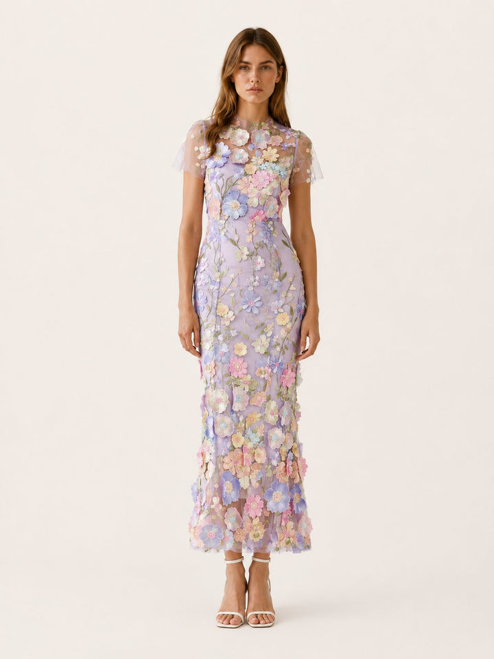 Women's floral occasion dress, midi length, short sleeves. Elegant style suitable for formal events & parties.