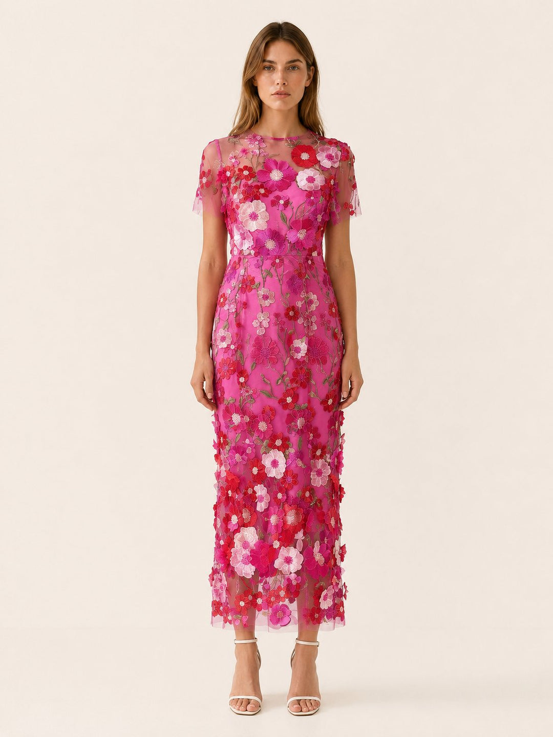 Fashionable floral midi dress for women, short sleeve, ideal for bridal showers, brunch, or other elegant events.