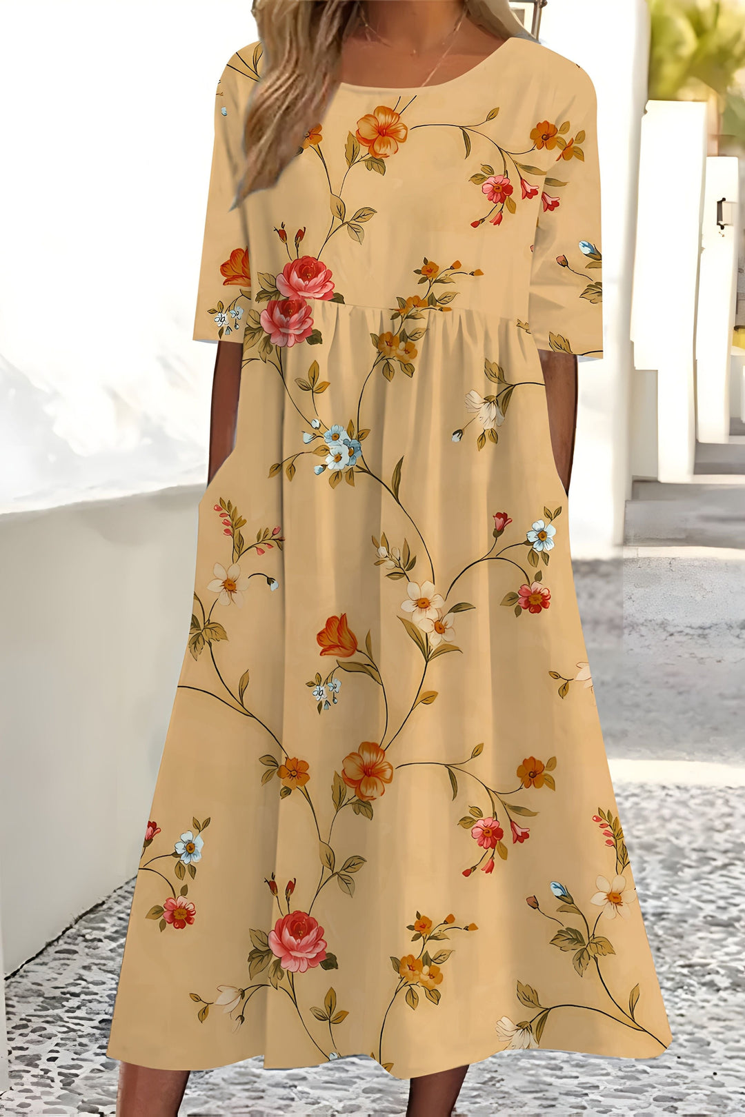 Women's elegant floral midi wrap dress. Flattering design, perfect for summer parties or spring fashion. Multicolour.