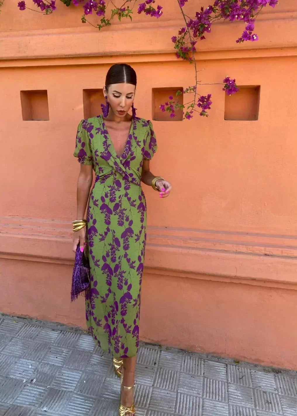 Women's elegant floral midi wrap dress with V-neck and puff sleeves, perfect for summer parties.