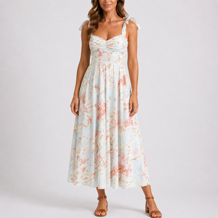 Women's elegant floral print ruched A-line midi dress with adjustable ties, ideal for summer parties & casual wear.