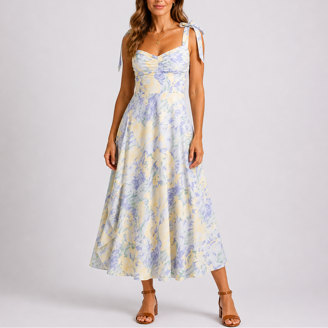 Close-up of a women's floral ruched midi dress showing adjustable tie detail, perfect for elegant summer occasions.