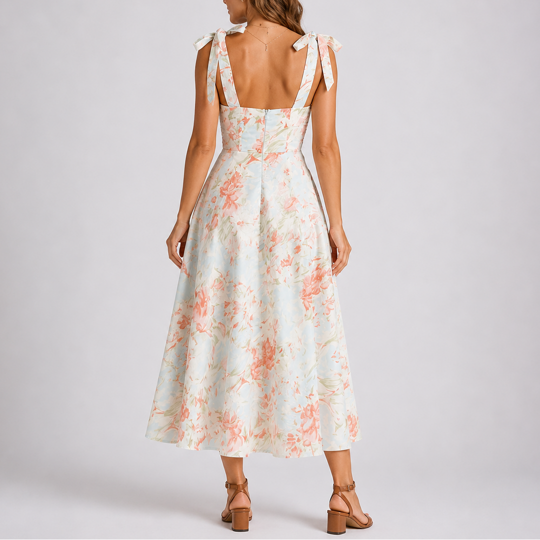 Stylish women's floral midi dress with ruched accents & adjustable ties. A versatile A-line dress for summer events.