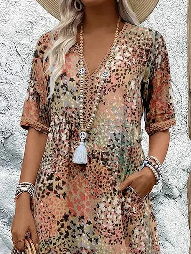 Lightweight women's floral print midi dress, V-neck design. Perfect A-line summer dress for versatile elegant wear.