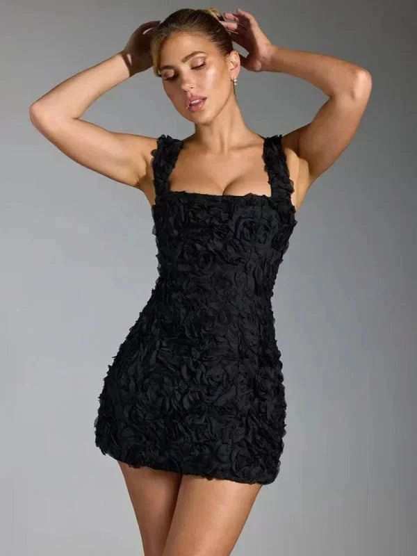 Sophisticated slim fit floral textured mini dress for women, perfect for cocktail parties & evenings.