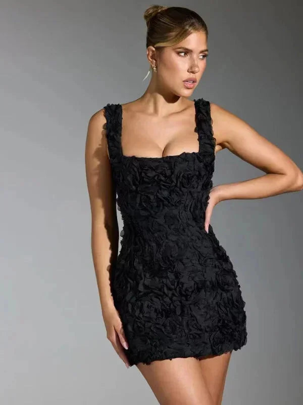 Glamorous women's floral textured mini party dress, slim fit, ideal for celebrations and special nights.