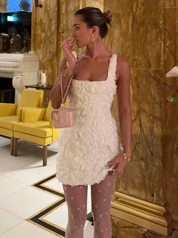 Textured floral mini party dress for women, slim fit, sleeveless, square neck design, very elegant.