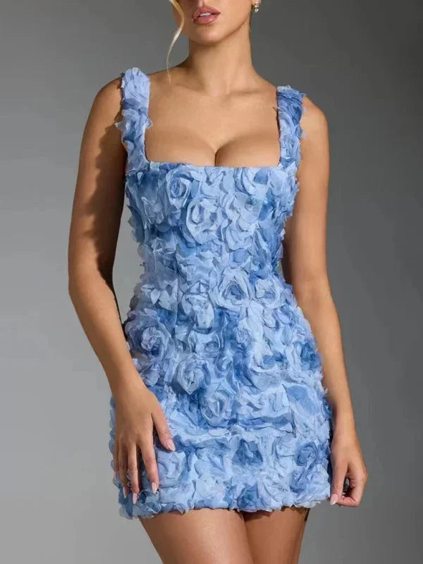 Celebration wear: Women's slim fit floral textured mini dress, elegant & glamorous for evening.
