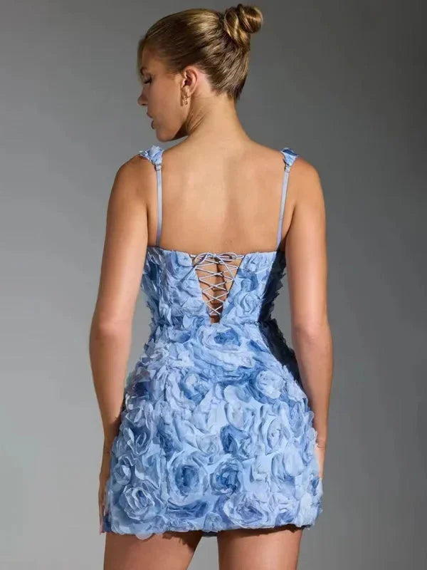 Women's sleeveless floral textured mini dress, slim fit for parties, square neck, sophisticated look.